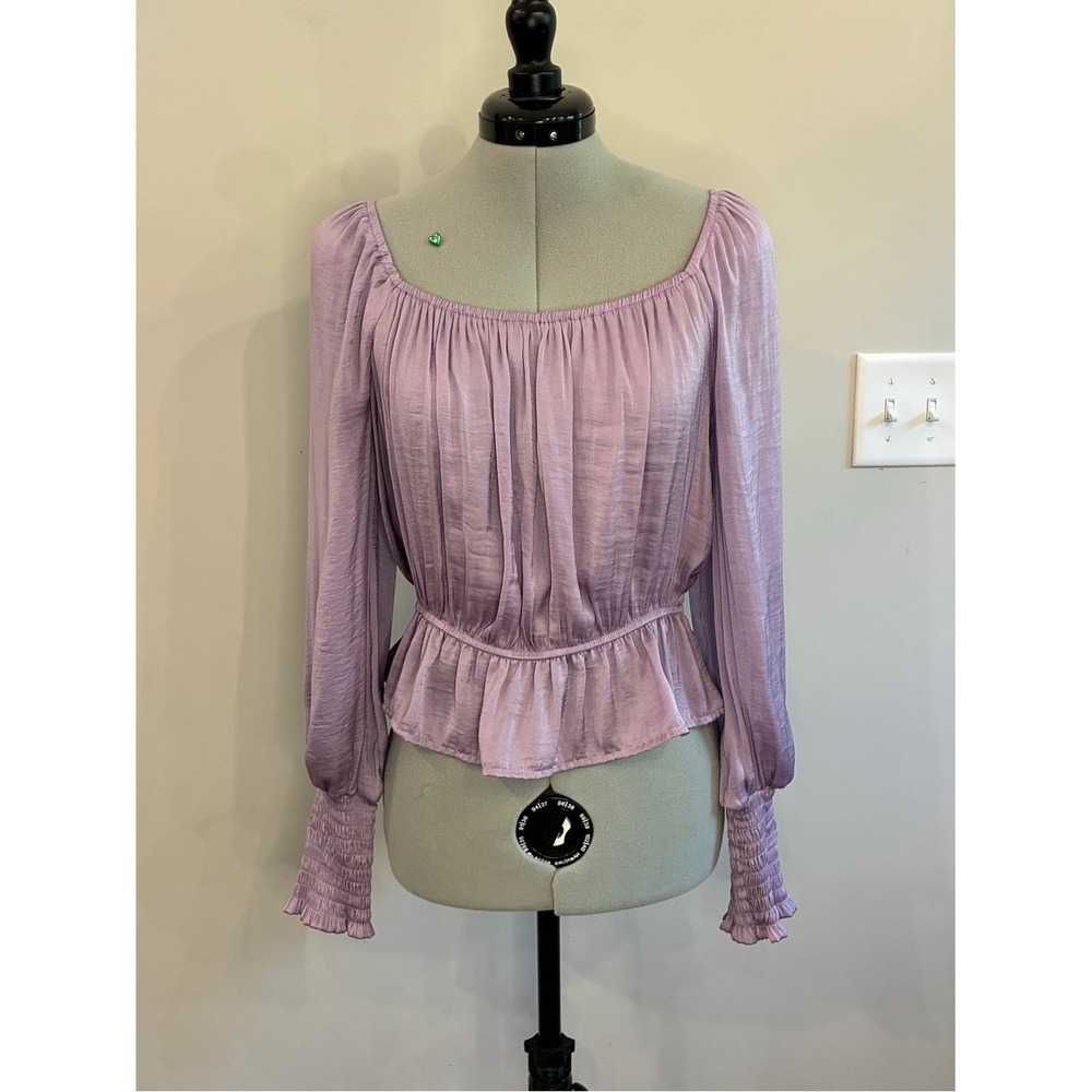 She + Sky Lavender Peasant Blouse Smocked Cuffs SS5693 Purple Boho Top Small